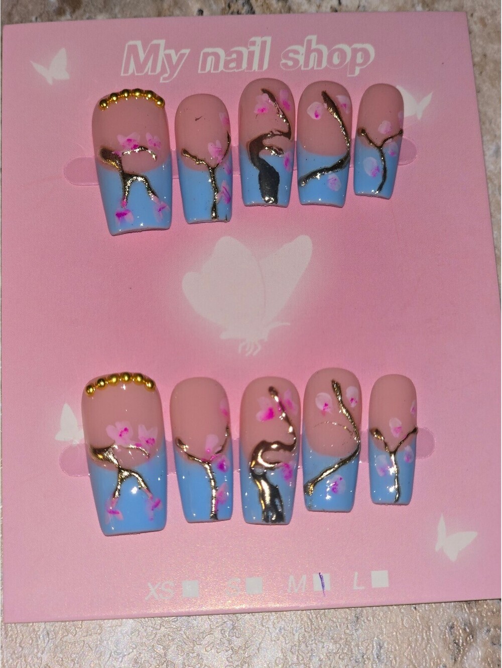 Set of M size Decorative Press-On Nails with Pink and Blue Cherry Blossom Design
